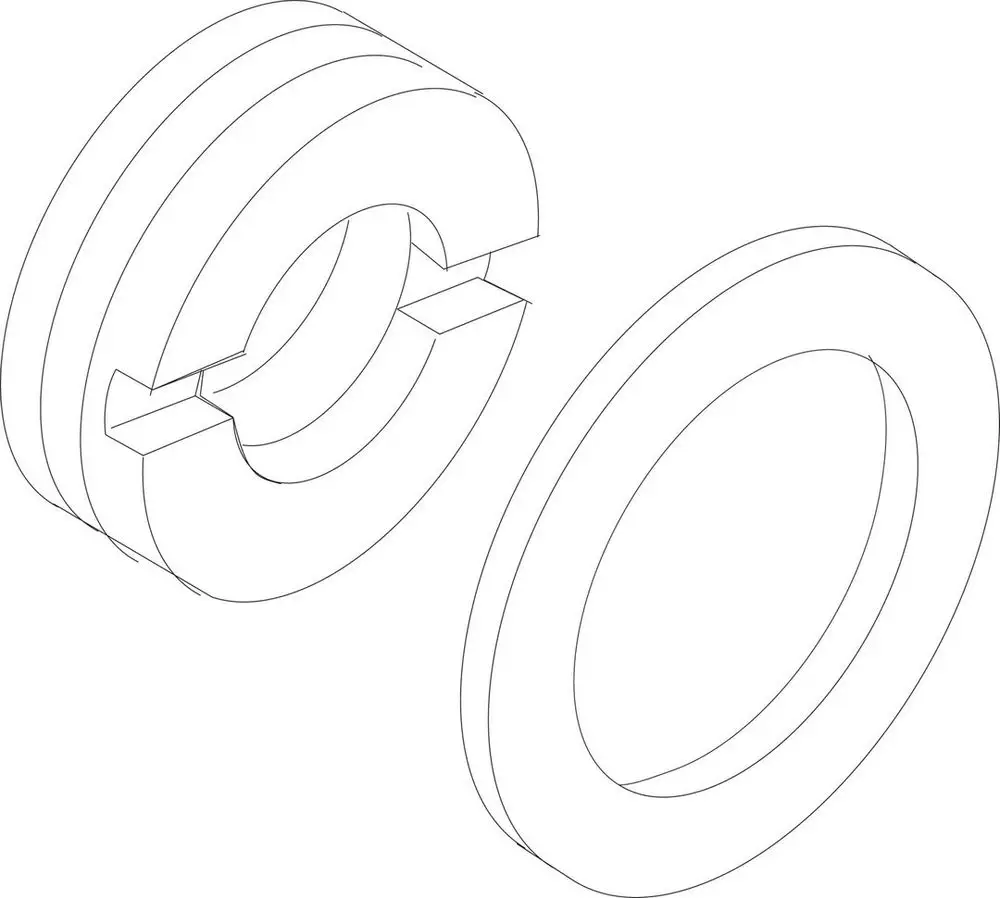 Drei zylindrische Teile mit einem durchgehenden und einem unterbrochenen Ringen, die möglicherweise zu einer Zünddüse von Bosch gehören. Technisches Design in Draufsicht.
